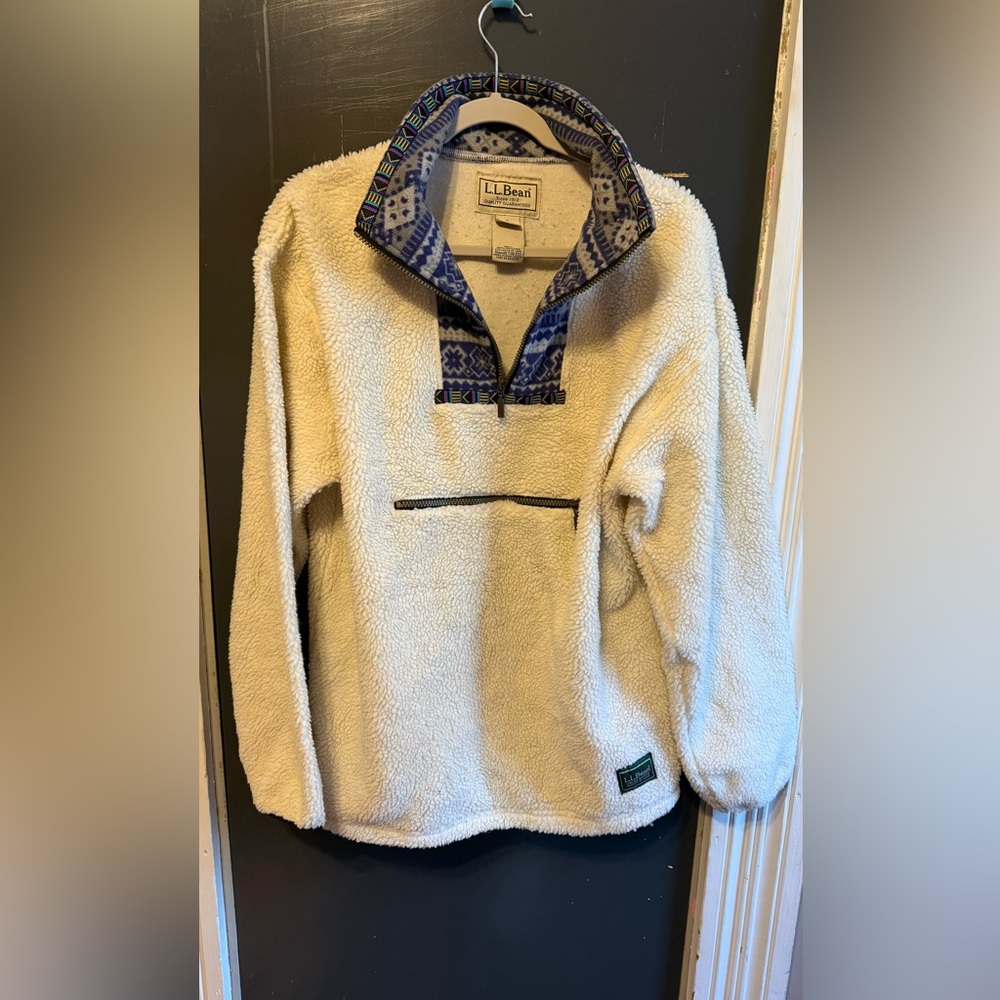 L.L. Bean Men's Zip-Up Cream Sweater with Blue Pattern